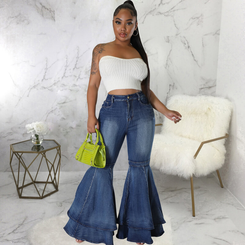 Women's Vintage Flare Jeans High Waist Stretch Denim Casual Solid Bodycon Work Long Bell Bottoms 2023 Fashion High Streetwear