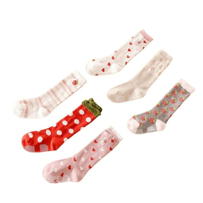 Calcetines hasta la rodilla antideslizantes para bebé, niño y niña, A/B/C/D, bonitos calcetines de algodón, fresa, amor, conejo, feliz día, 1 A 5 años, 3 pares por juego
