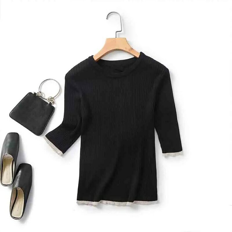 Women 2024 Spring New Fashion Rib Casual Knitted Short-sleeved Sweater Chic Round Neck Stitching All-match Top Mujer