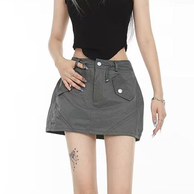 Rok serut wanita Musim Panas 2024 rok pendek kargo gadis populer Vintage Y2k pakaian jalanan pakaian Mode Korea abu-abu hitam