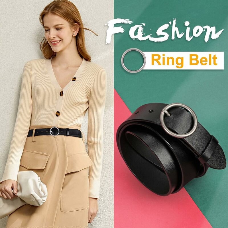Cinturón de cuero genuino con hebilla de pin redonda plateada para mujer, decoración de cintura, adecuado para jeans, ropa formal vintage, moda