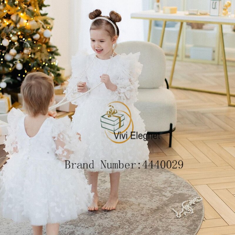 White Scoop Flower Girls Dresses with Lace 2024 Summer Full Sleeve A Line Wedding Party Dresses Zipper Back فلور فتاة اللباس