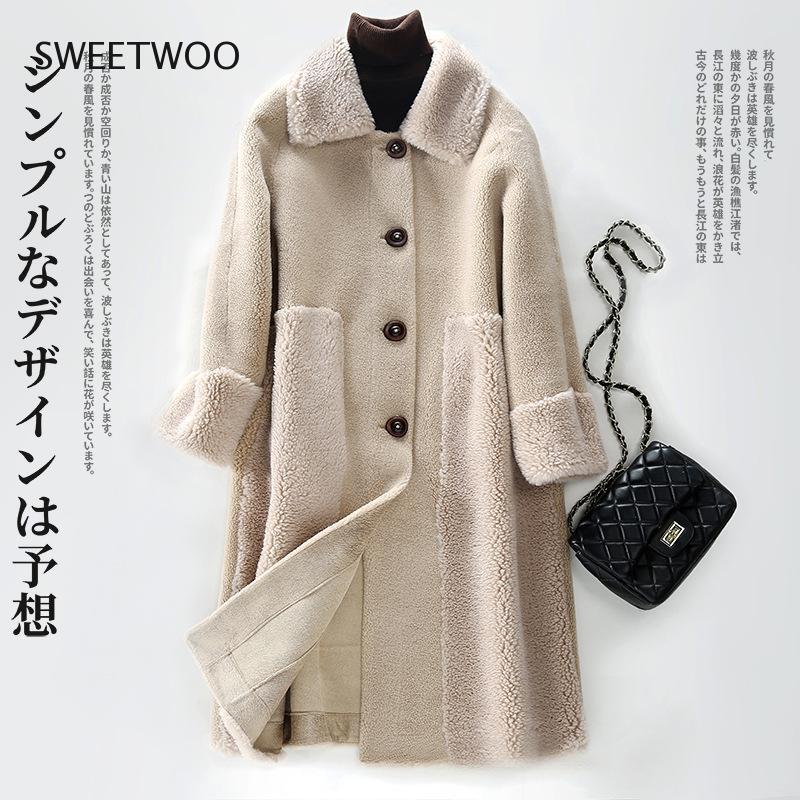 Abrigos largos de piel de oveja auténtica para mujer, con cuello vuelto abrigo de lana, chaqueta gruesa y cálida para esquilar ovejas, invierno, 2022