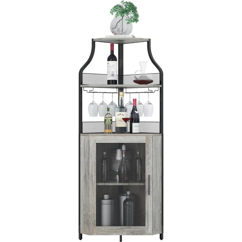 Armario de Bar con estante de vino desmontable, aparador pequeño con soporte de vidrio, puerta de malla, armario de Bar