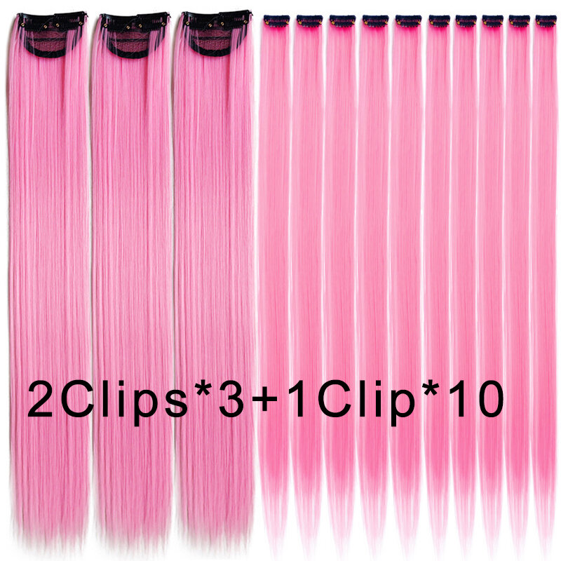 Extensions de cheveux synthétiques à clipser pour filles, reflets colorés, rose, arc-en-ciel, accessoires de fête, cadeaux pour enfants, 13 pièces