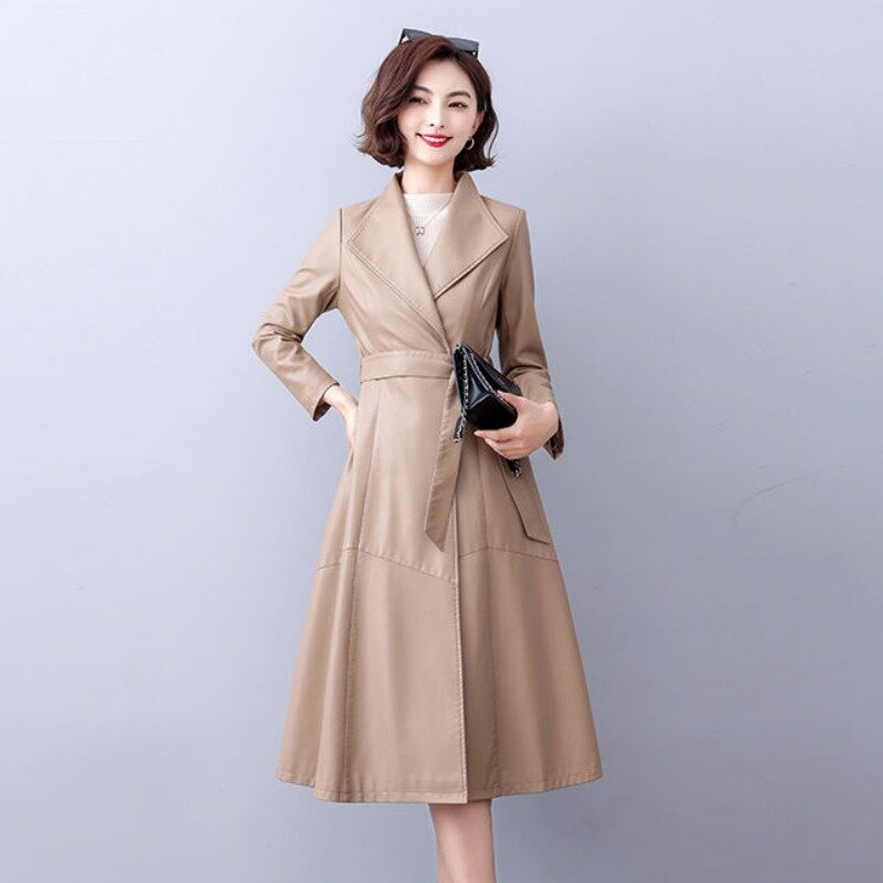 Mantel angin kulit temperamen wanita, Luaran kulit gaya Korea bertali panjang ukuran besar