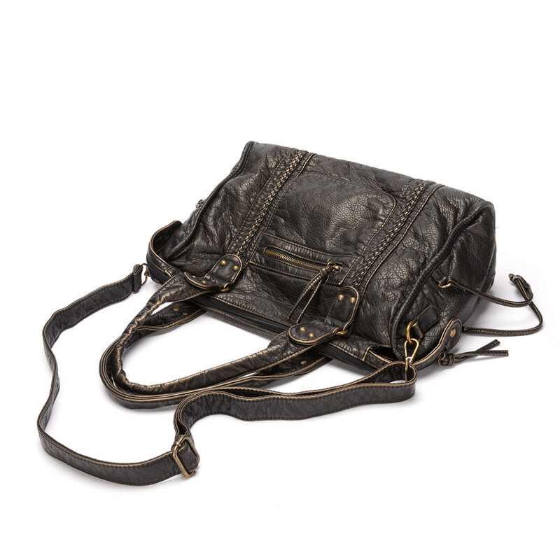 Annmouler Large Capacity Women Handbag Pu Leather Tote Bag Vintage Washed Leather Shoulder Bag Quality Bag for Women
