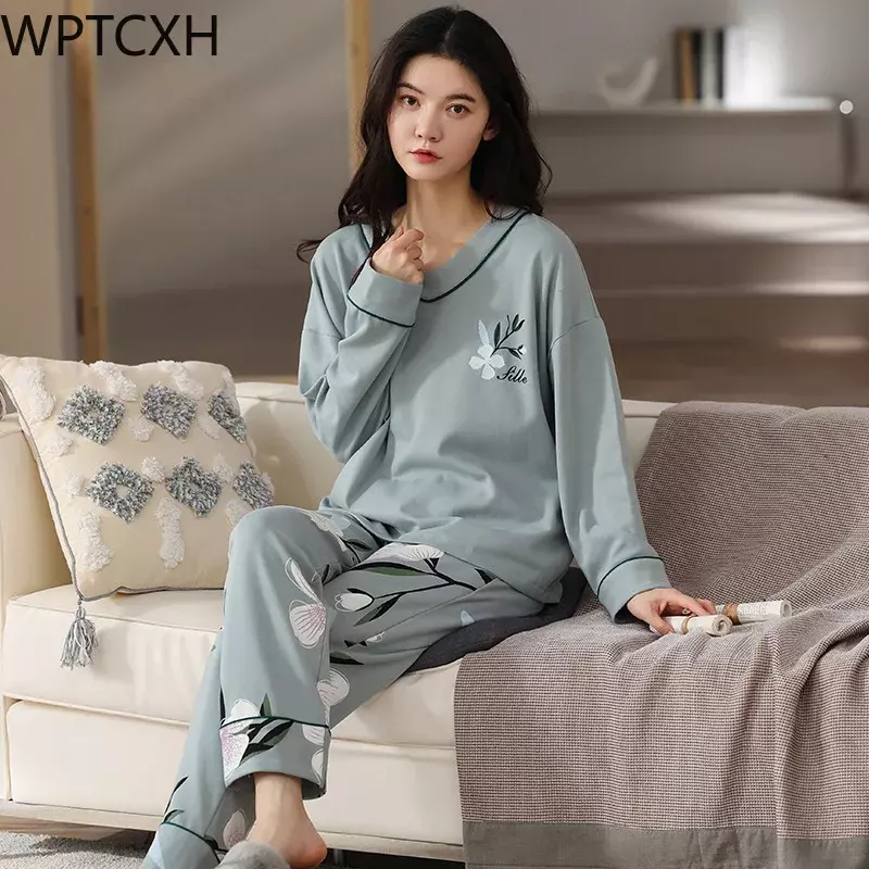 WPTCXH 2023 baru wanita musim semi musim gugur ukuran besar cetak dua potong set piyama katun lengan panjang celana longgar pakaian rumah