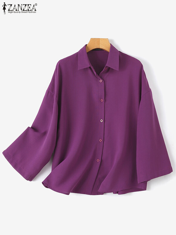 Klasyczna solidna dubajska turcja Abaya topy 2023 ZANZEA damska muzułmańska koszula jesienna dekolt z klapami bluzka z długim rękawem luźne bluzki