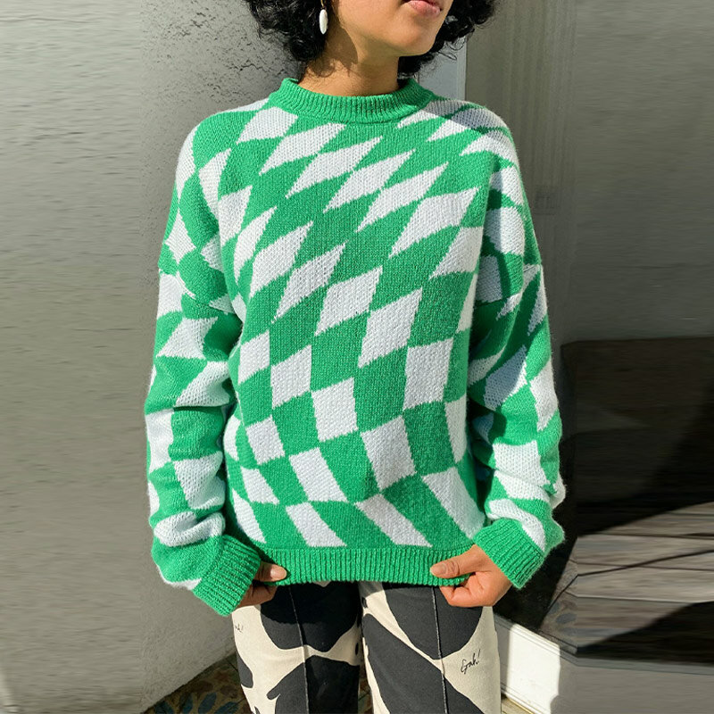 O pescoço solto feminino pulôver doce manga longa senhora pullovers chique estudante jumpers vintage argyle xadrez camisola de malha feminina