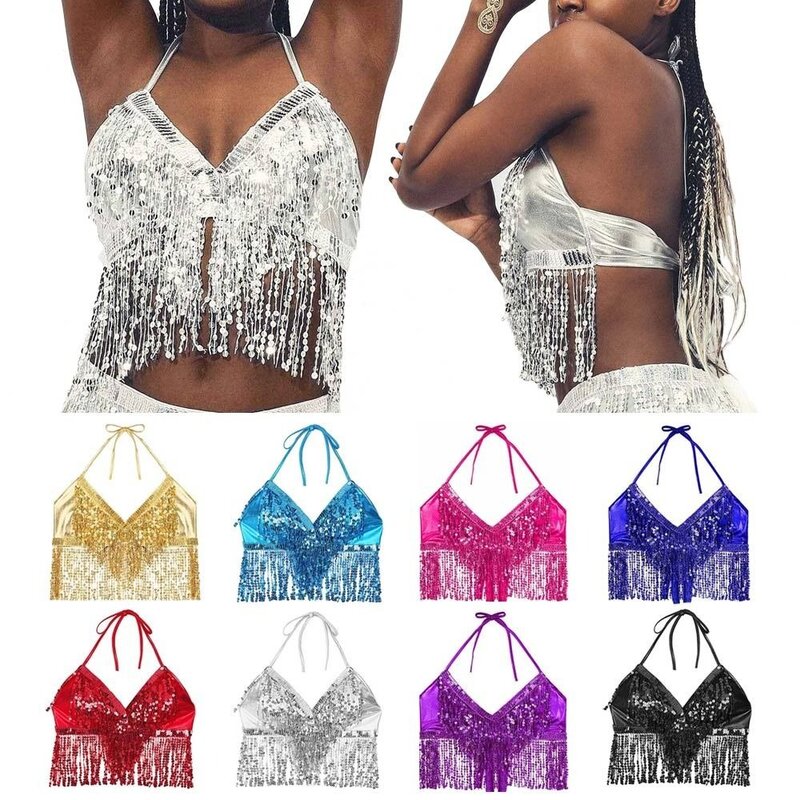Shiny Sequins Belly Dance Costume Padded Bra Halter Top Sequin Performance Outfits Club Party Festival Rave Dance Sexy Crop Tops