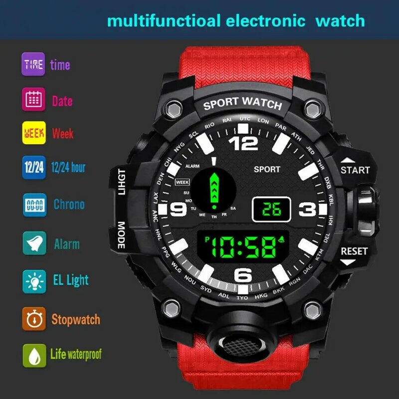 Jam tangan elektronik LED pria, arloji silikon layar besar Display nomor, jam tangan olahraga luar ruangan