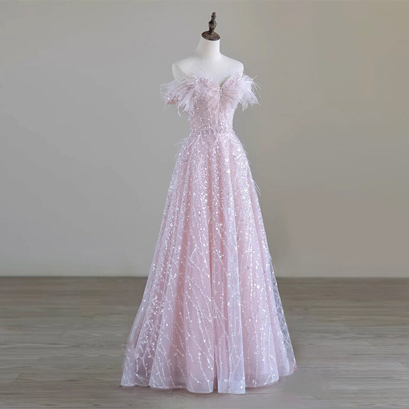 핑크 깃털 2024 스위트 이브닝 원피스 오프 숄더 A 라인 라이트 럭셔리 성인식 드레스, 신제품
