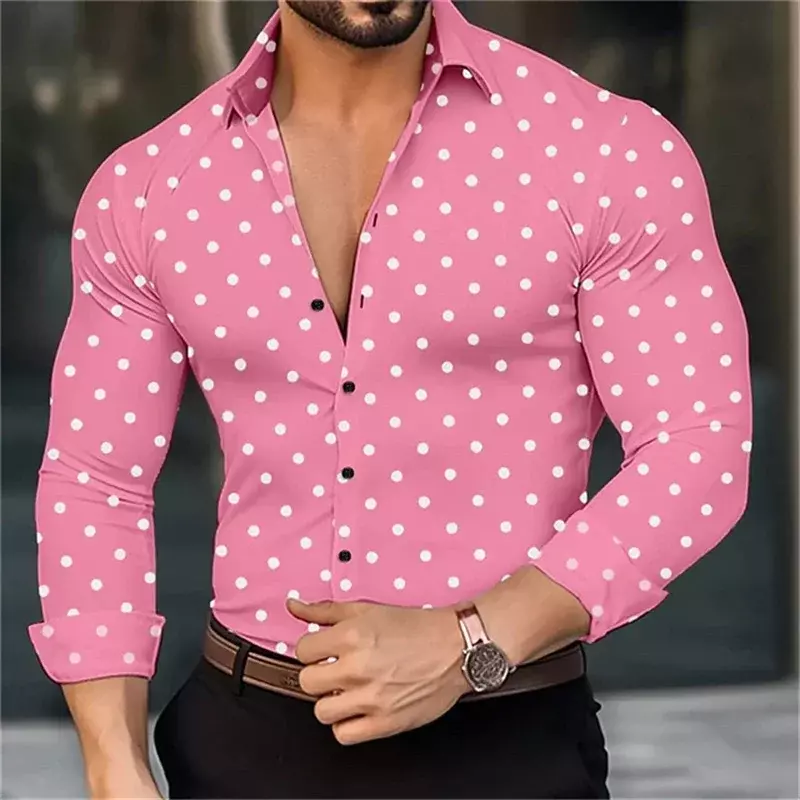 2024 neue Herren Button-Down Langarm Polka Dot Revers Shirt Outdoor Street Fashion lässig atmungsaktiv bequeme Kleidung Top