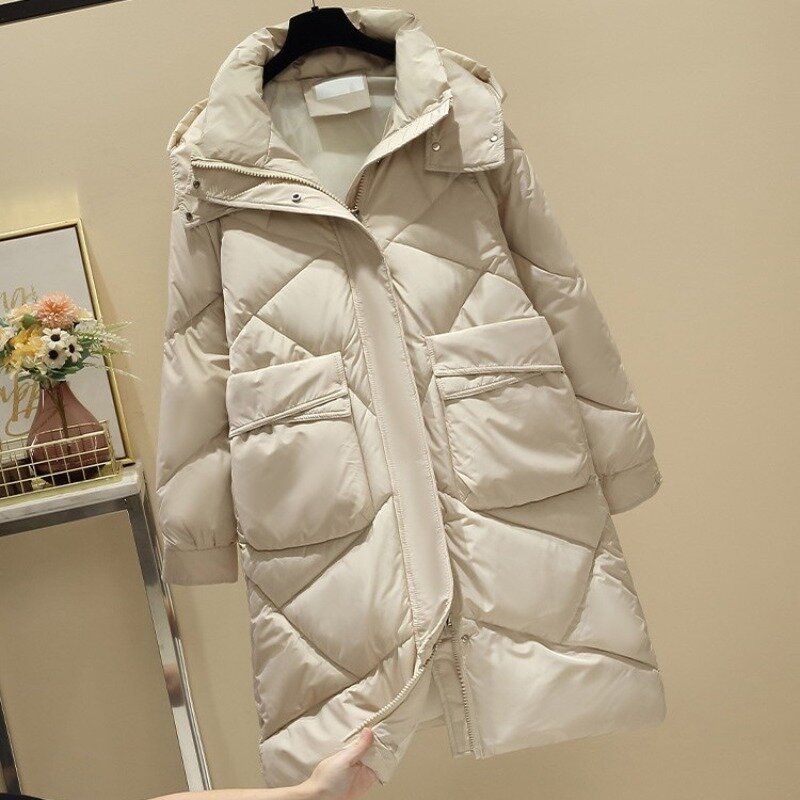 Casaco de algodão feminino de comprimento médio, jaqueta de inverno, versão coreana, parka solta, sobretudo com capuz grosso, outwear feminino, novo, 2023