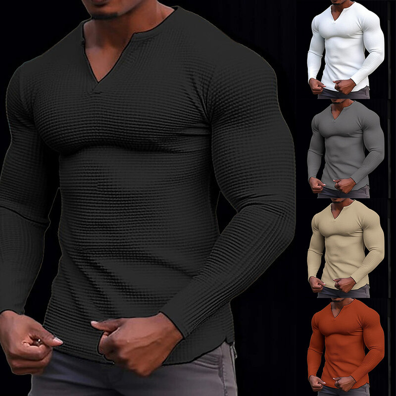 남성용 V넥 긴팔 근육 셔츠, 사무실 야외 플러스 사이즈 풀오버, 슬림 소프트 통기성 스웨터, 패션