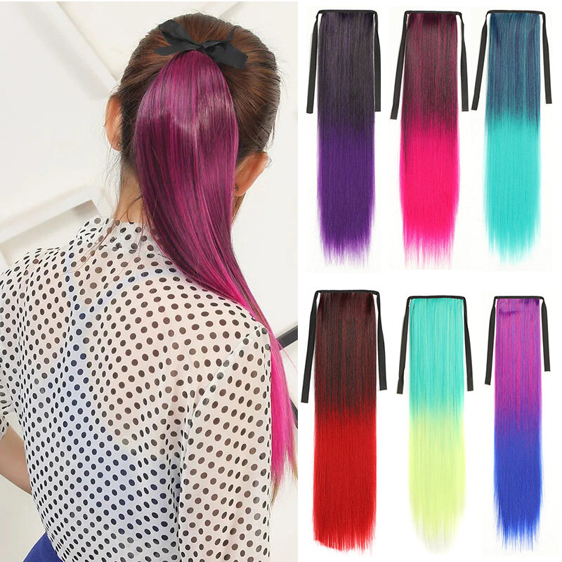 Jeedou Recht Synthetisch Paardenstaart Haarverlengingslint Met Trekkoord Paardenstaarten Cosplay Haarstuk Blauw Roze Kleurrijke Ombre Kleur