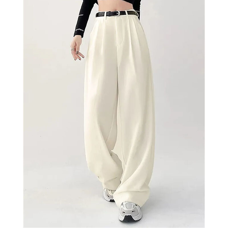 Pantalones de cintura alta para mujer, Pantalón recto cilíndrico, Color sólido coreano, pierna ancha, para fregar el suelo, primavera y verano, 2024