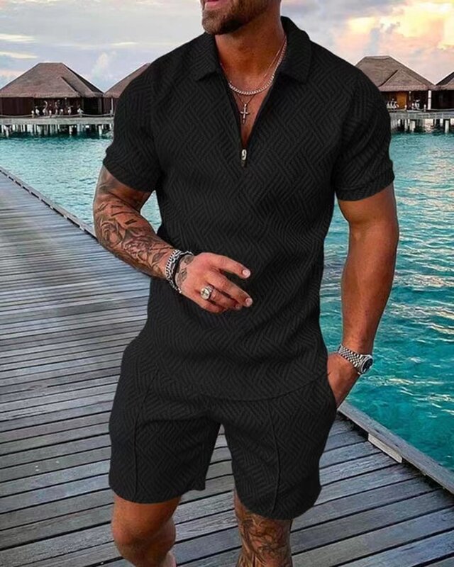 Men's Suit Mens Solid Color Summer V-neck Zipper Short Sleeve POLO Shirt+Shorts Two Pieces Men Casual Suit