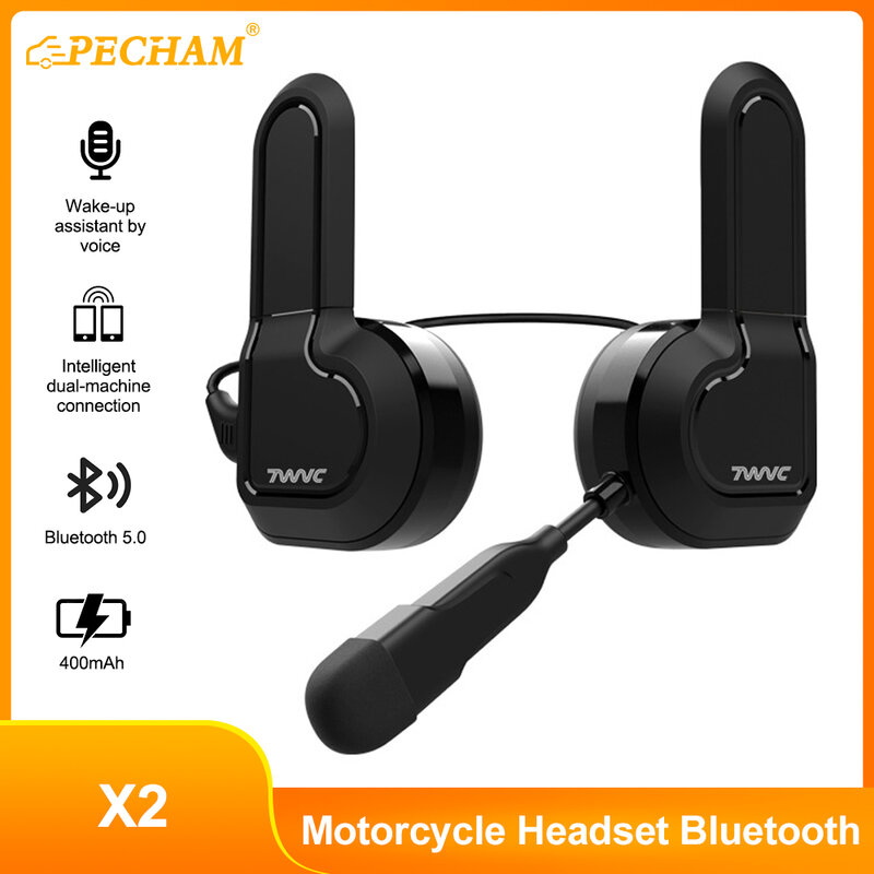 PECHAM-Bluetooth Capacete Headset, Controle de Voz à Prova D'Água, Chamada Mãos Livres, Leitor de Música, Alto-falante, 400mAh, 5.0BT