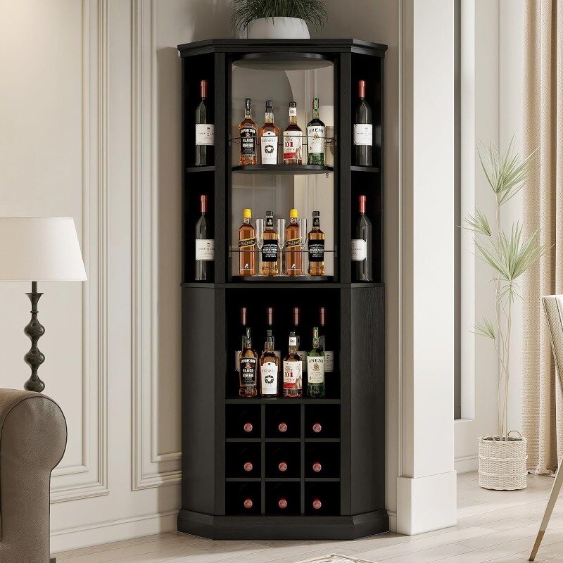VOWNER Corner Wine Cabinet with Rotating Glass Wine Rack, Farmhouse Bar Storage Cabinet with Cup Holders, Home Bar Cabinet