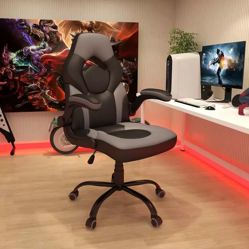Cadeira gaming de escritório com braços flip-up, ergonómica, pele colada, altura regulável, confortável, acolchoada