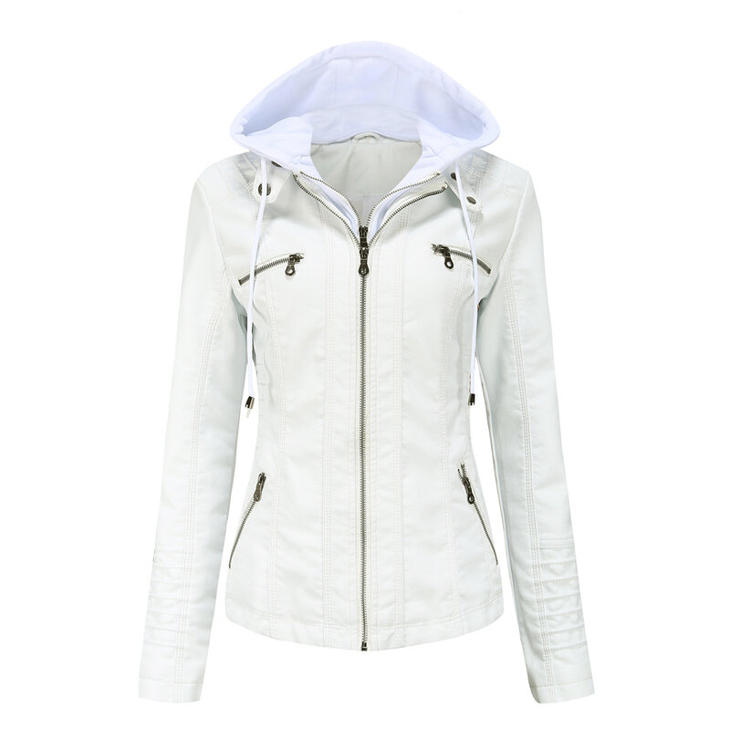 Jaqueta de couro lavada PU feminina, jaqueta de couro com capuz, ajuste grande, à prova de vento, esportiva, primavera e outono, qualidade