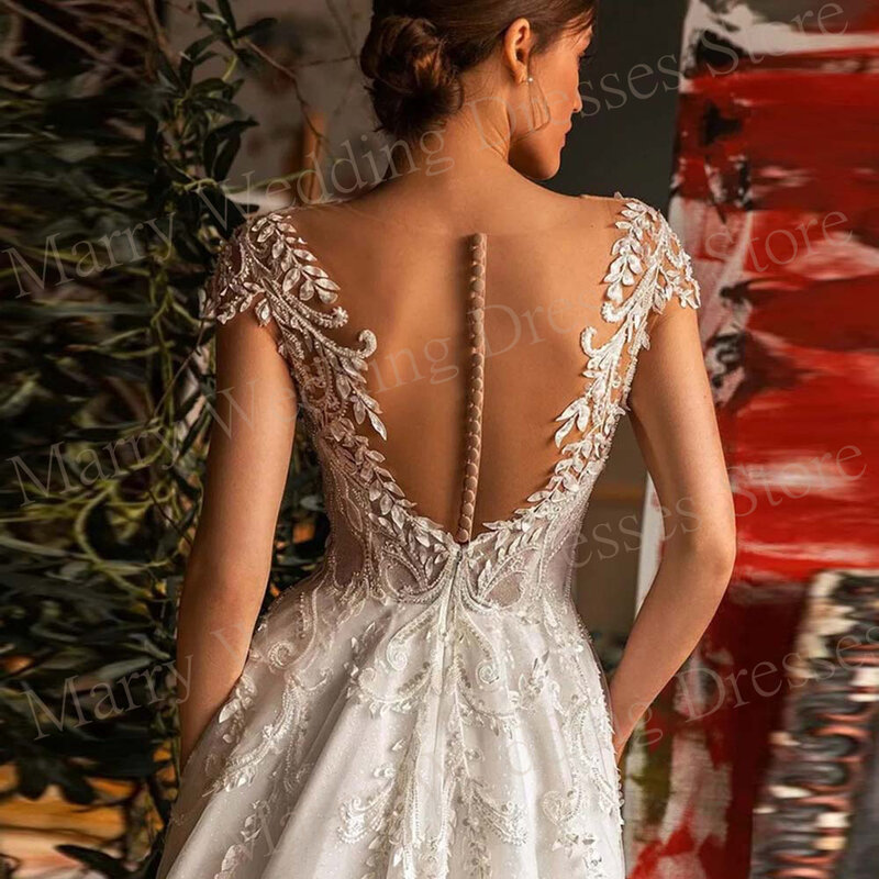 2024 gaun pernikahan wanita kerah v seksi Modern gaun pengantin applique renda klasik gaun pengantin gaun kancing lengan Cap baru Robe De Mariee