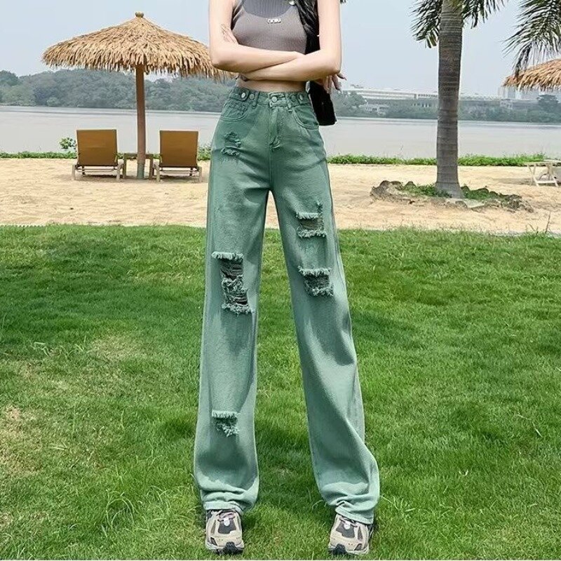 Новые тонкие пряные брюки для девушек, тонкие широкие брюки, регулируемые зеленые Прямые рваные джинсы, женские летние весенние джинсовые брюки
