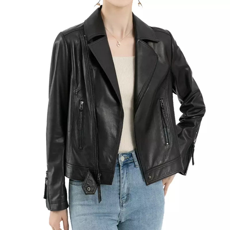 Jaqueta de couro genuíno para mulheres, pele de carneiro real jaqueta curta feminina de motociclista, outono e primavera