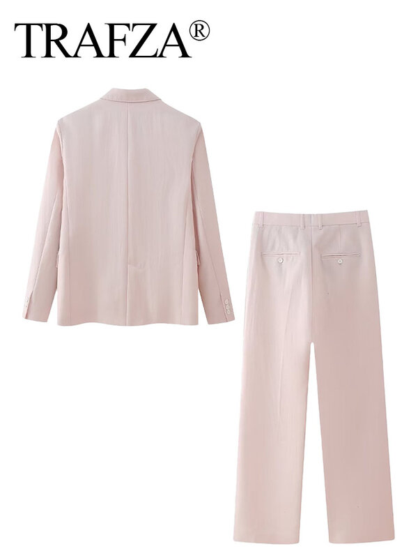 Blazer e calça trespassado duplo TRAFZA para mulheres, gola virada para baixo rosa, manga comprida, bolso de cintura média, zíper, roupas casuais, na moda, primavera