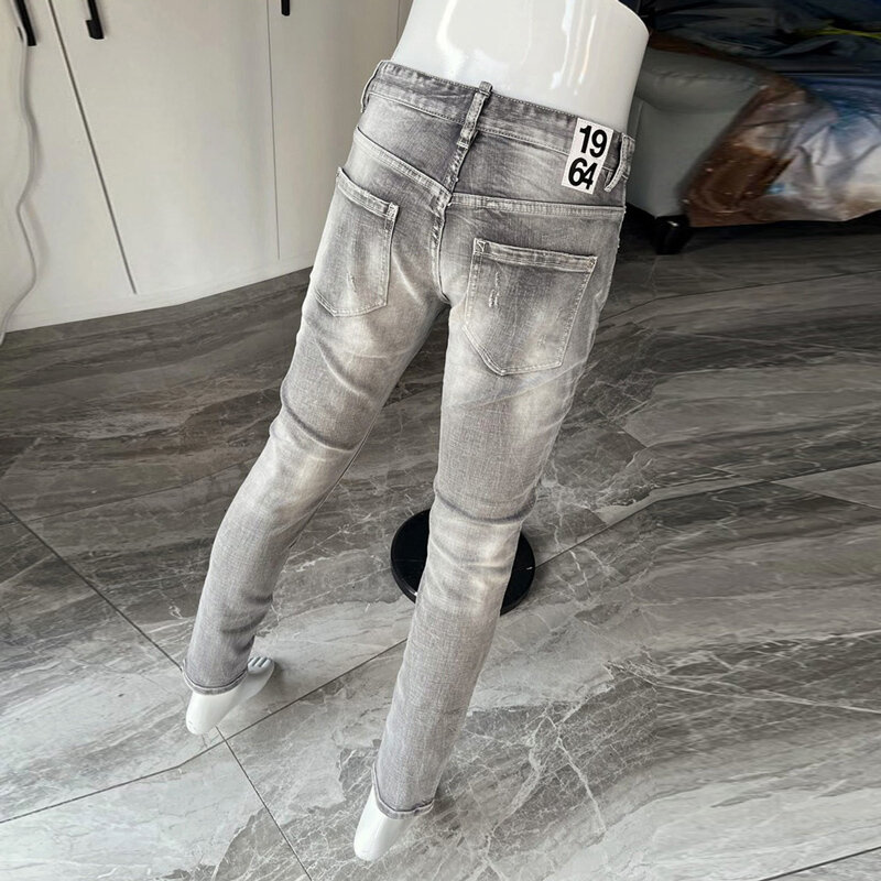 High Street Moda Masculina Jeans Retro Cinza Elastic Slim Rasgado Jeans Homens Bordado Patchwork Designer Hip Hop Marca Calças Hombre