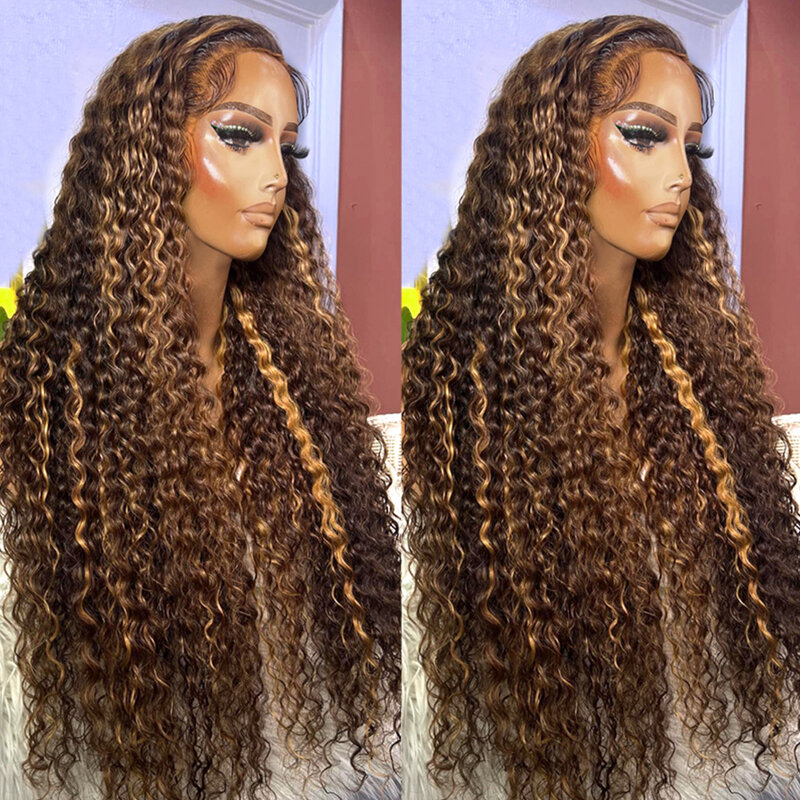 13x6 HD Highlight Ombre Colored Lace Front Human Hair Wig 30 36 Inch Curly Human Hair Wig Deep Water Wave Frontal Wigs For Women