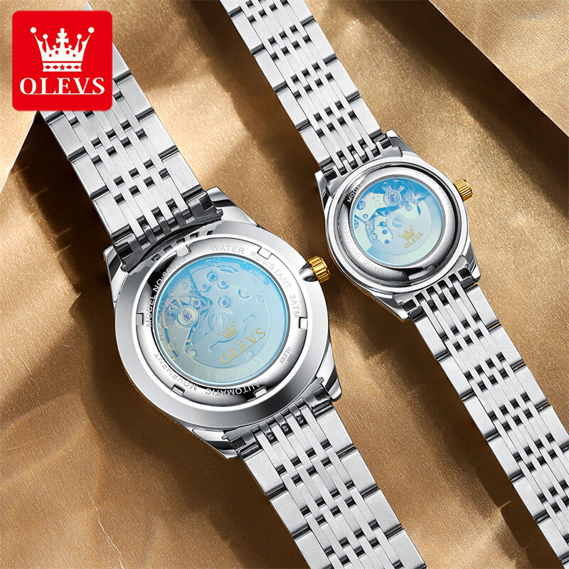 OLEVS jam tangan pasangan pria wanita, jam tangan mekanis otomatis, jam tangan bisnis modis untuk pria dan wanita