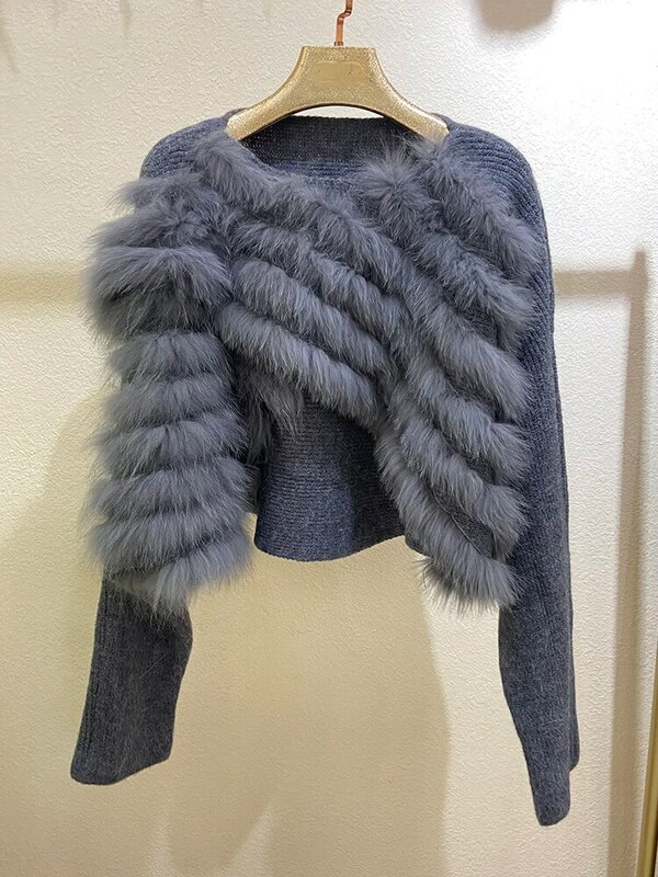 Women Fashion Special Design Real Fox Fur Sexy Short Sweater Real Fur Loose Oversize Autumn Spring Short Sweater Coat