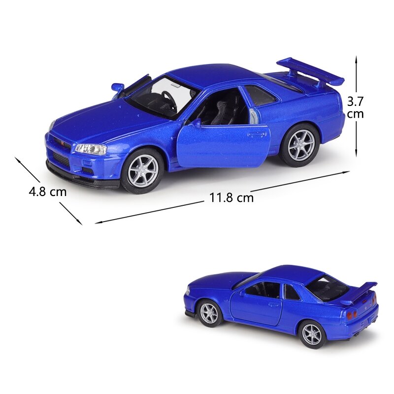 Coche de juguete Nissan Skyline GTR R34, modelo en miniatura de Metal fundido a presión, se pueden abrir puertas traseras que, regalo de colección para niños, 1/36