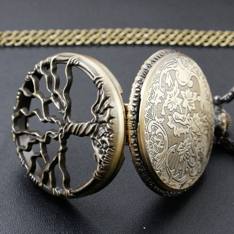 Reloj de bolsillo de cuarzo con diseño hueco para hombre, exquisito patrón de árbol Vintage, COLLAR COLGANTE, regalos con cadena Fob