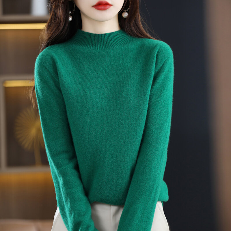 100% maglione di pura lana pullover imbottito da donna con maglione mezzo collo alto sciolto e sottile camicia autunnale e invernale.