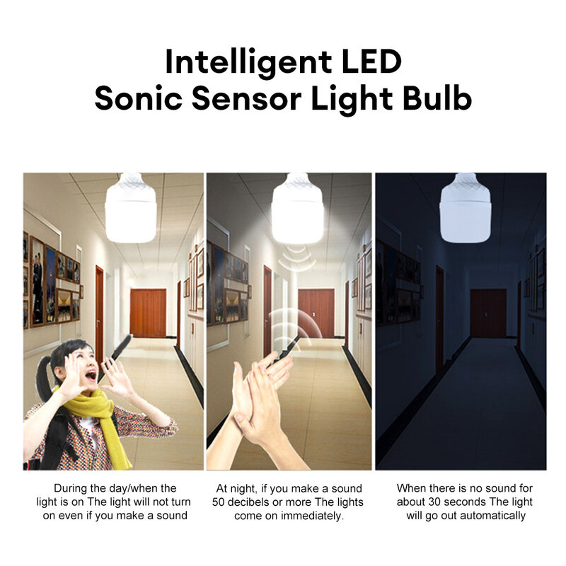 Bombilla LED con Sensor de sonido, luz de Control de sonido de anochecer a amanecer, encendido/apagado automático, luz nocturna para escaleras, E27, 10W, 20W, 30W