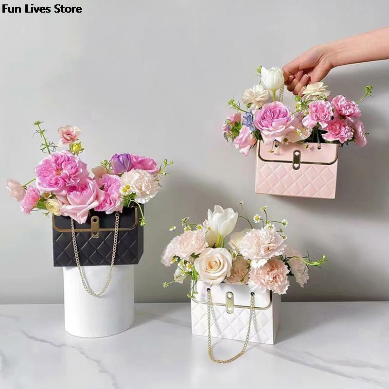 아름다운 꽃 숄더백, 웨딩 파티 특별 토트, 골든 체인 포장 선물 가방, 창의적인 사각형 포장 상자 장식