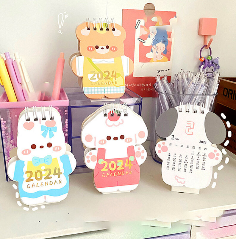 Mini calendrier de bureau portable avec animaux de dessin animé, calendrier de licence, décoration de table créative, cadeau pour fille, fournitures scolaires, 2024