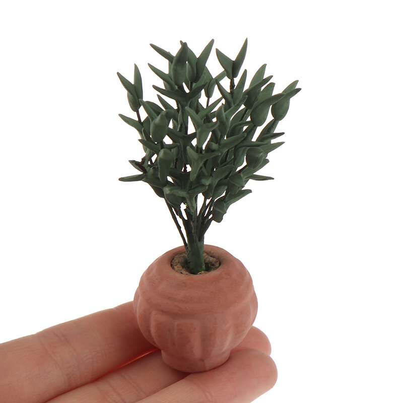 1:12 Dollhouse Miniature Potted Plant Pot Green Leafed Plant Model For Doll House Garden Home Decor Kids Toys DIY