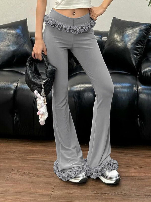Lygens однотонные обтягивающие длинные женские брюки с заниженной талией в виде грибка съедобного дерева расклешенные летние 2024 уличная одежда Y2K Корейская повседневная одежда