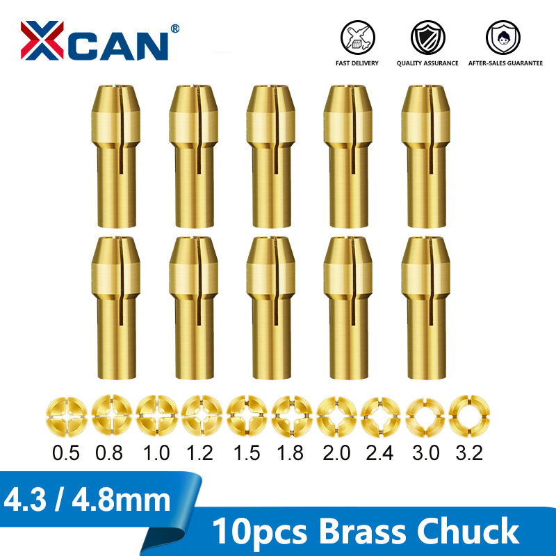 XCAN Chuck Collet bor Mini 10 buah, adaptor batang kuningan 0.5-3.2mm 4.3/4.8mm untuk alat putar Dremel Aksesori alat listrik