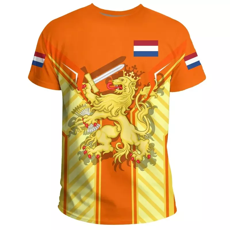 Męska koszulka z Holandii z flagą godło narodowe 3D z nadrukiem Unisex modna Top z okrągłym dekoltem luźna Hip Hop z krótkim rękawem