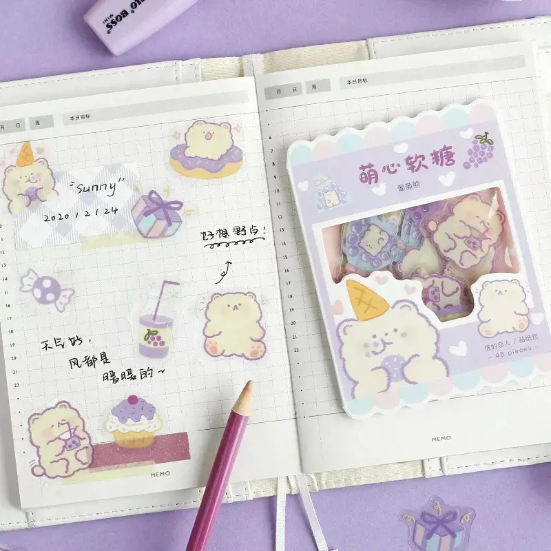 45pcs Kawaii simpatici adesivi cancelleria coreana adesivi per cartoni animati Bullet Journaling decorazione diario Album adesivi impermeabili