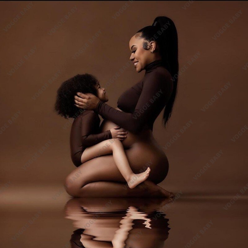 2 Buah Set Fotografi Bersalin Atasan Hamil Seksi Turtleneck Warna Solid + Celana Pendek Alat Peraga Pemotretan Kehamilan Atasan Dasar Pas