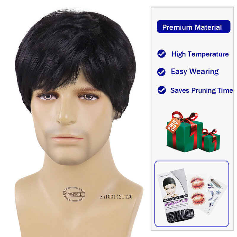 Synthetic Hair Black Color Short Wigs for Asain Men Natural Haircuts Cosplay Wig with Bangs Straight Costume Carnival Party Wigs