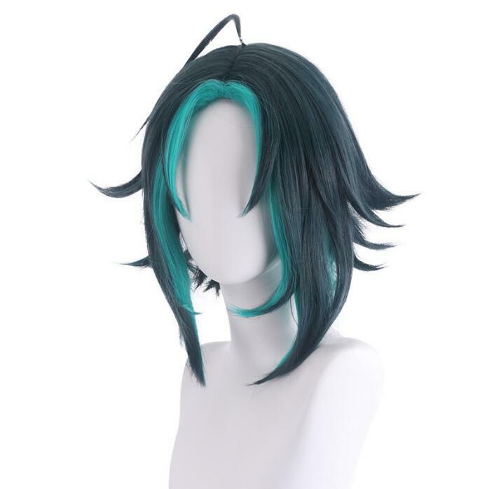 Peruca sintética de cabelo reto curto para festa, Genshin Impact Xiao Perucas, Azul e Verde, Mix Gradiente Game Cosplay
