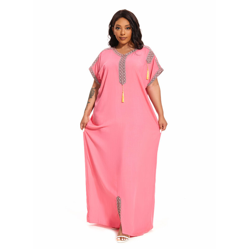 Caftan de algodão de manga curta feminino, capa tamanho grande, vestido tradicional, Kaftan, praia, casa, africano, abaya, 2024